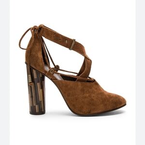 Free People Tan Suede Heels with Wooden Block Heel